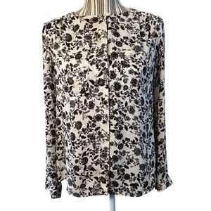 LOFT Blouse XS Off White Floral Brown Taupe Grey Black Button-up Long Sleeves